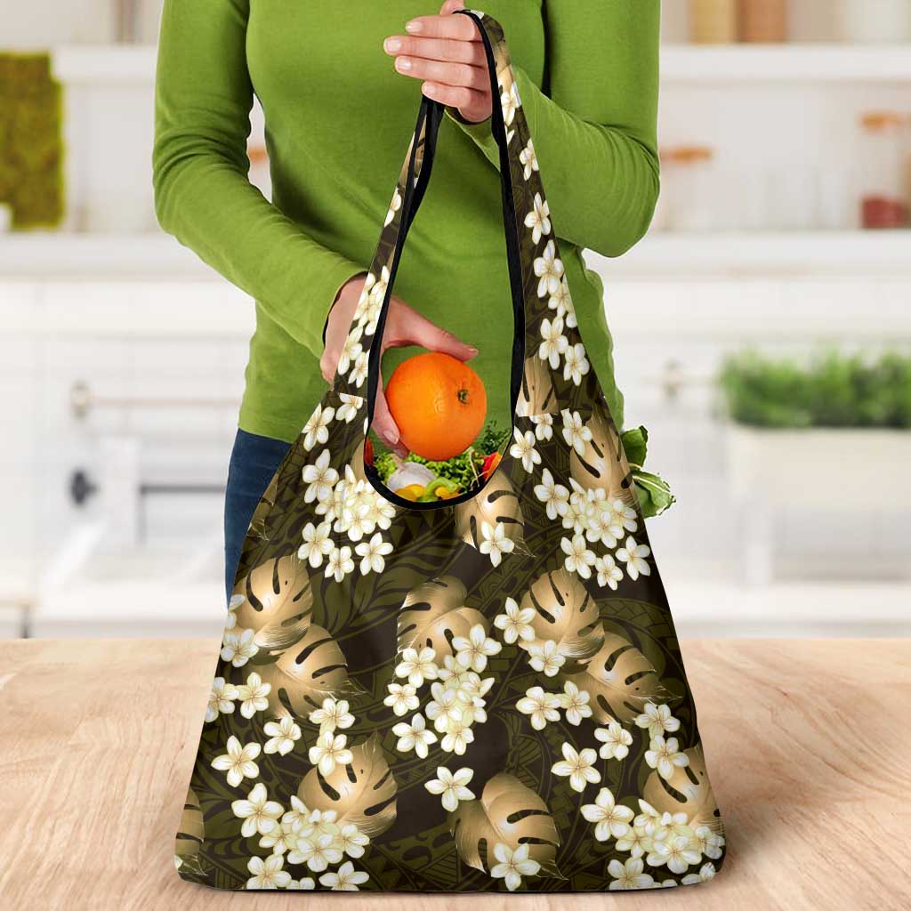 Gold Tropical Hawaii Grocery Bag Seamless Monstera Plumeria Hawaiian Pattern - Polynesian Pride