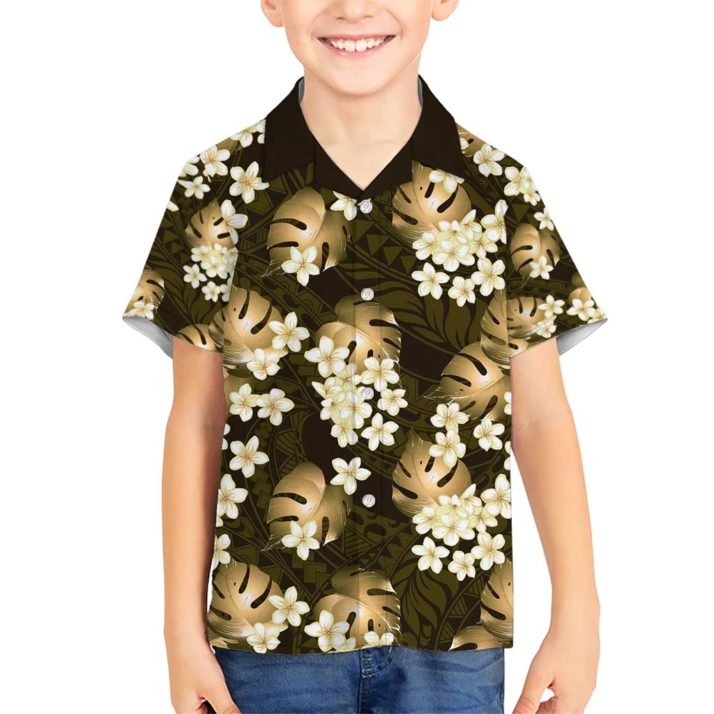 Gold Tropical Hawaii Kid Hawaiian Shirt Seamless Monstera Plumeria Hawaiian Pattern - Polynesian Pride