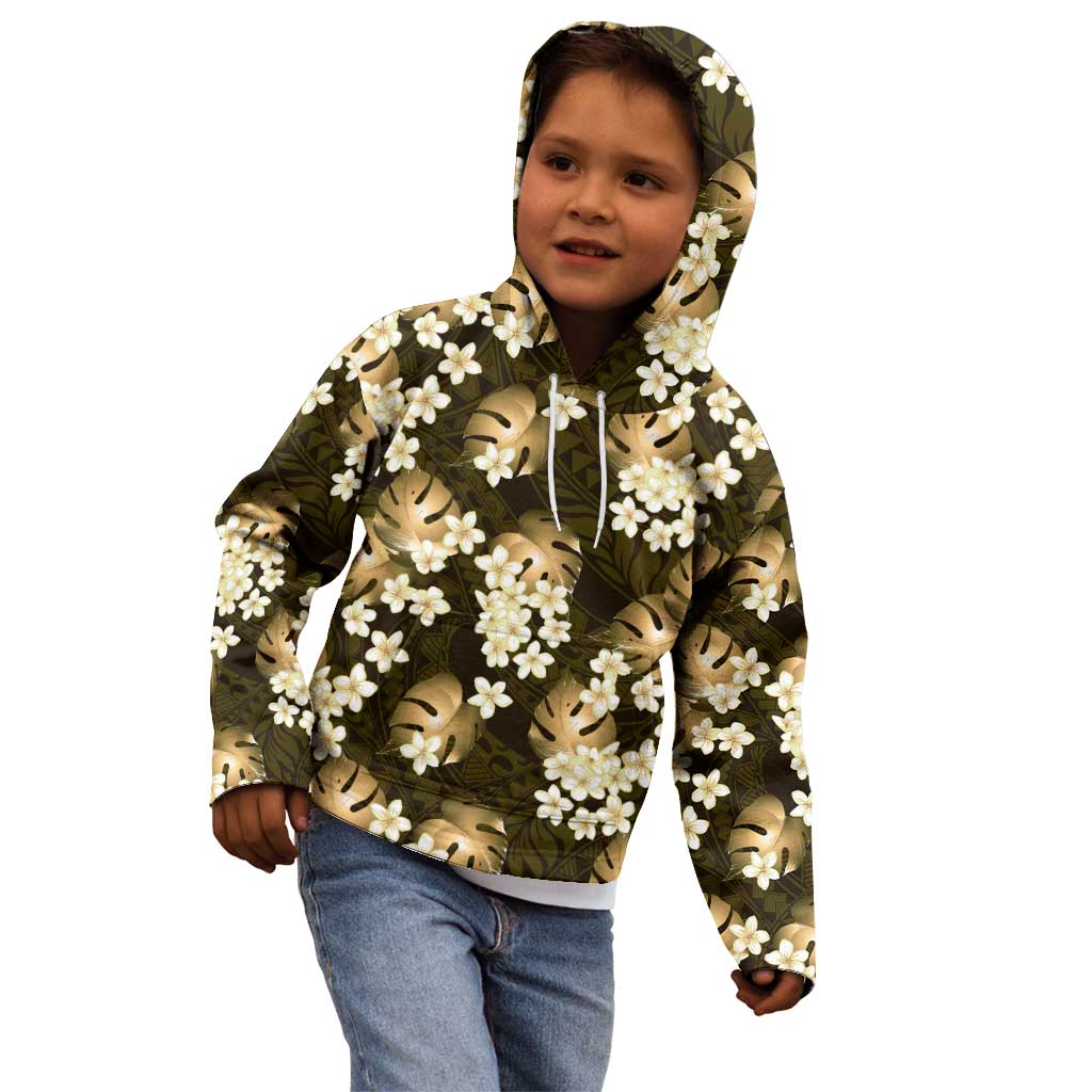 Gold Tropical Hawaii Kid Hoodie Seamless Monstera Plumeria Hawaiian Pattern - Polynesian Pride