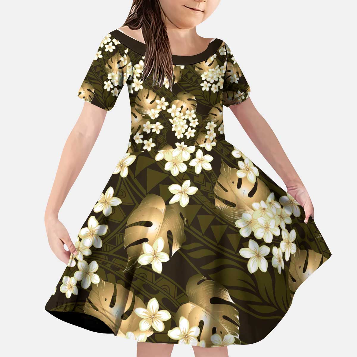 Gold Tropical Hawaii Kid Short Sleeve Dress Seamless Monstera Plumeria Hawaiian Pattern - Polynesian Pride