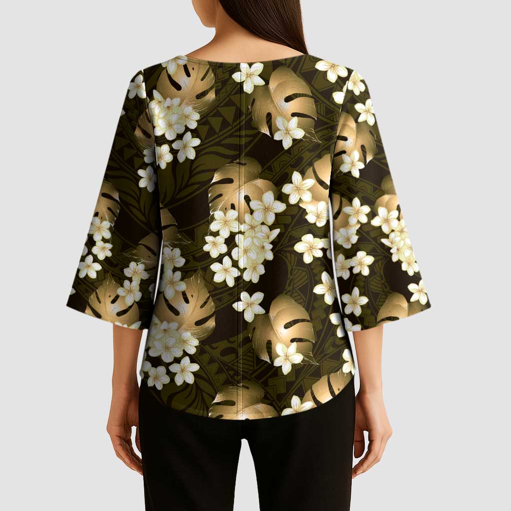 Gold Tropical Hawaii Kimono Sleeve Blouse Seamless Monstera Plumeria Hawaiian Pattern - Polynesian Pride