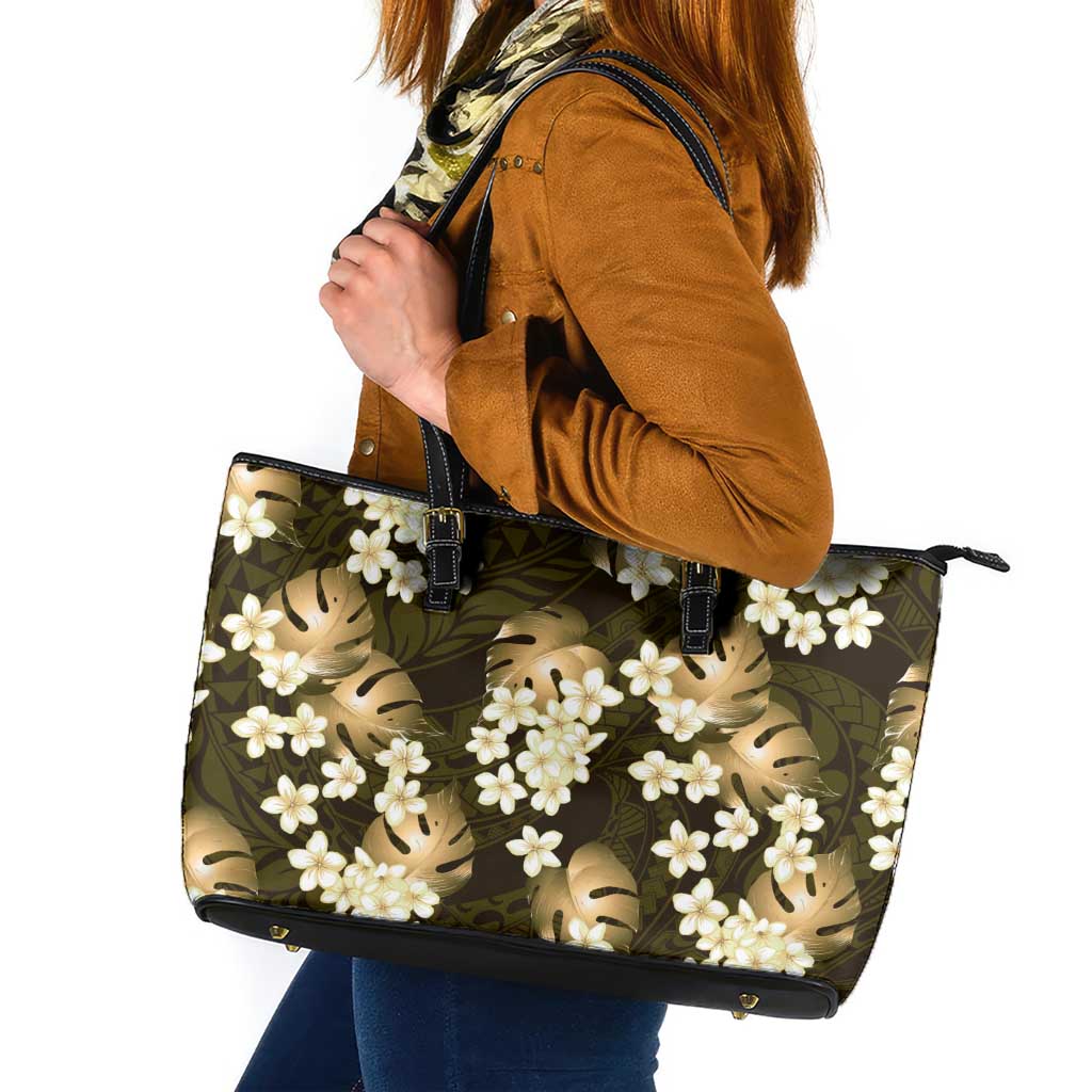 Gold Tropical Hawaii Leather Tote Bag Seamless Monstera Plumeria Hawaiian Pattern - Polynesian Pride