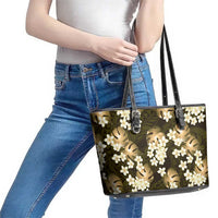 Gold Tropical Hawaii Leather Tote Bag Seamless Monstera Plumeria Hawaiian Pattern - Polynesian Pride
