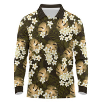 Gold Tropical Hawaii Long Sleeve Polo Shirt Seamless Monstera Plumeria Hawaiian Pattern - Polynesian Pride