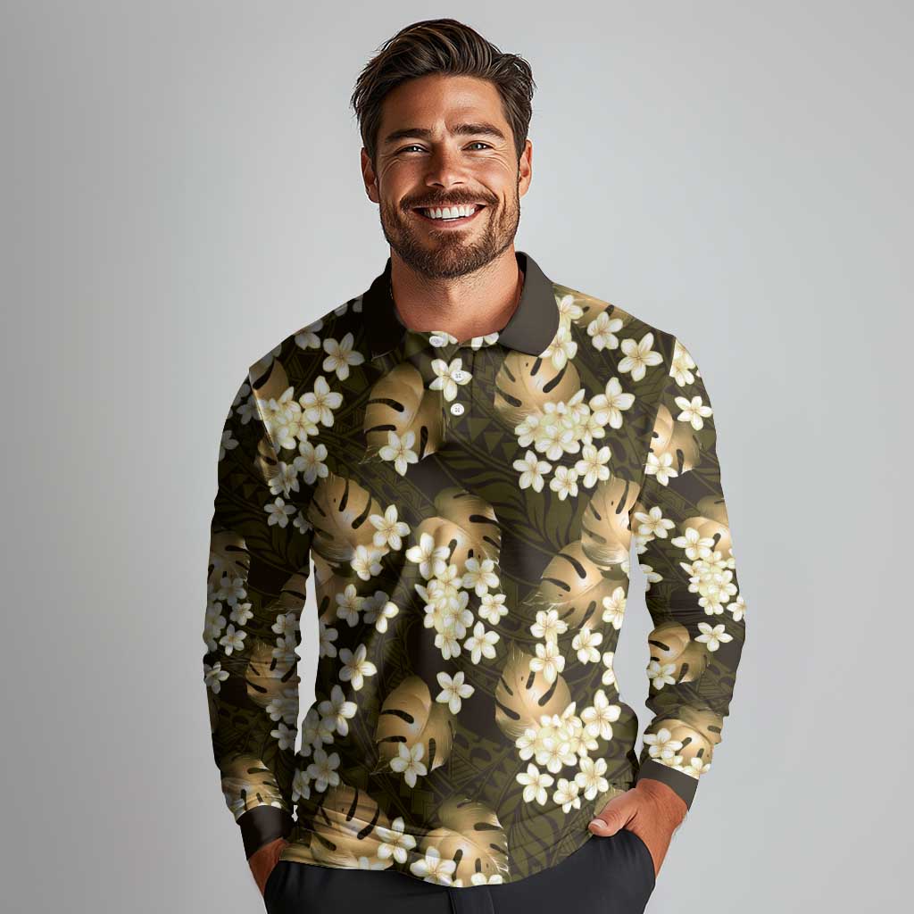 Gold Tropical Hawaii Long Sleeve Polo Shirt Seamless Monstera Plumeria Hawaiian Pattern - Polynesian Pride
