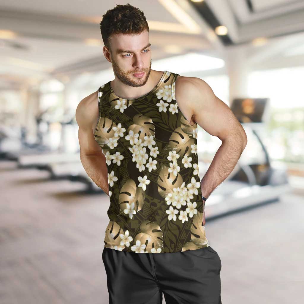 Gold Tropical Hawaii Men Tank Top Seamless Monstera Plumeria Hawaiian Pattern - Polynesian Pride