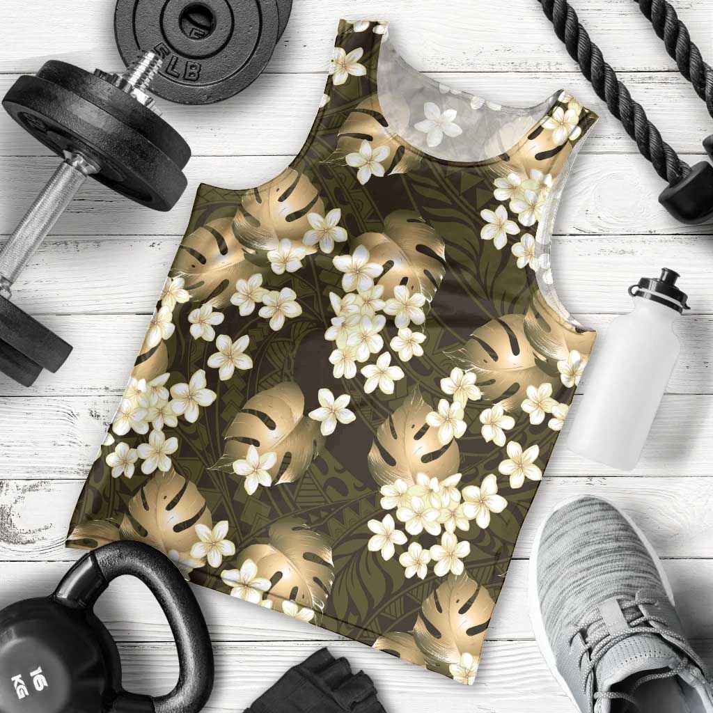 Gold Tropical Hawaii Men Tank Top Seamless Monstera Plumeria Hawaiian Pattern - Polynesian Pride