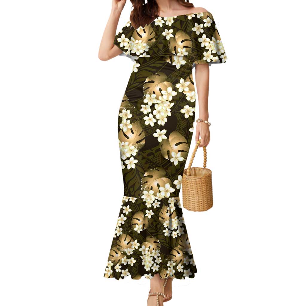Gold Tropical Hawaii Mermaid Dress Seamless Monstera Plumeria Hawaiian Pattern - Polynesian Pride