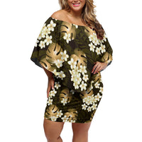 Gold Tropical Hawaii Off Shoulder Short Dress Seamless Monstera Plumeria Hawaiian Pattern - Polynesian Pride