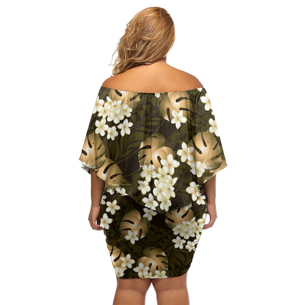 Gold Tropical Hawaii Off Shoulder Short Dress Seamless Monstera Plumeria Hawaiian Pattern - Polynesian Pride