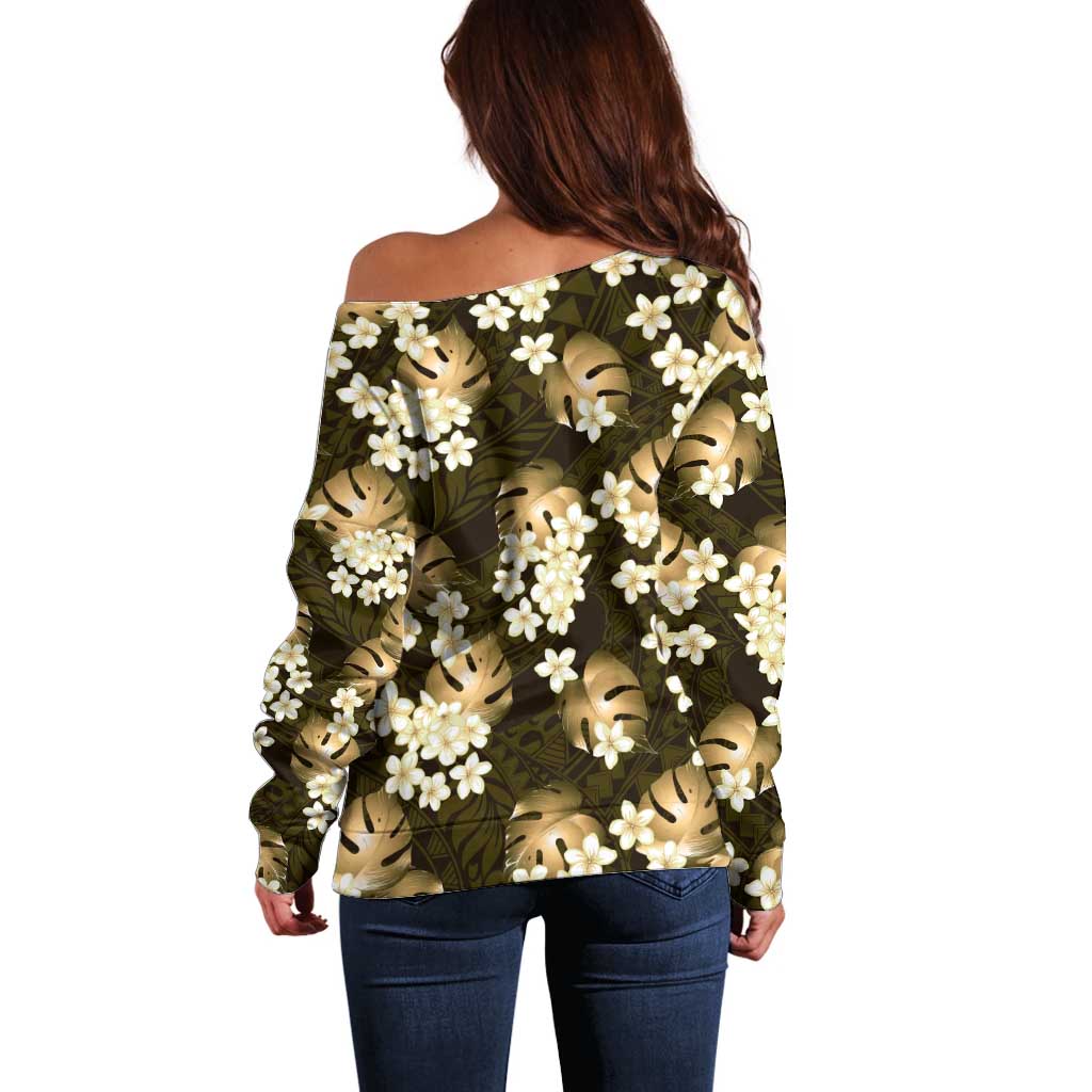 Gold Tropical Hawaii Off Shoulder Sweater Seamless Monstera Plumeria Hawaiian Pattern - Polynesian Pride