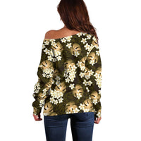 Gold Tropical Hawaii Off Shoulder Sweater Seamless Monstera Plumeria Hawaiian Pattern - Polynesian Pride