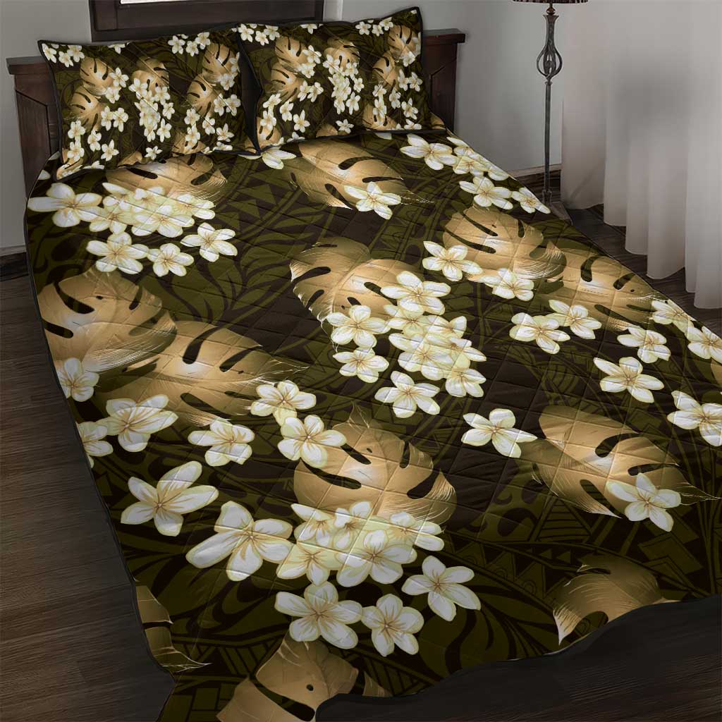 Gold Tropical Hawaii Quilt Bed Set Seamless Monstera Plumeria Hawaiian Pattern - Polynesian Pride