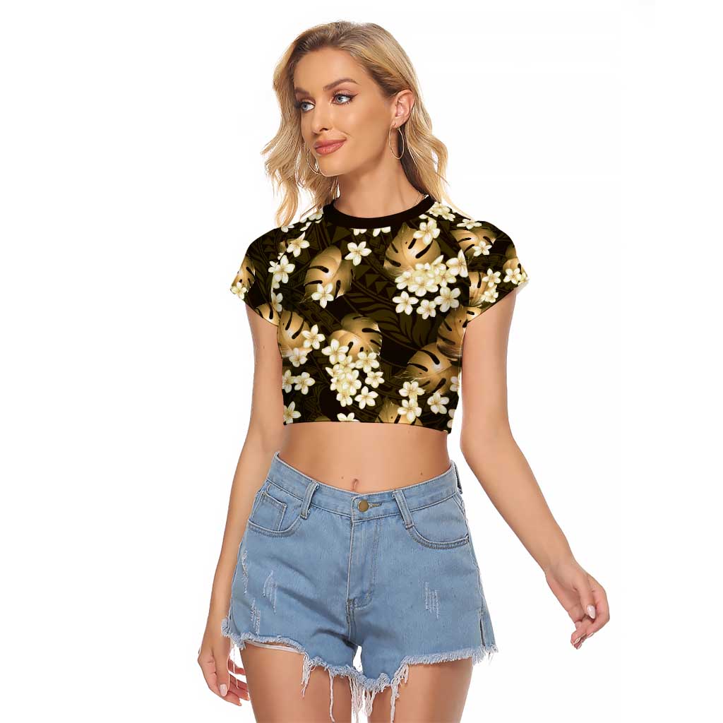 Gold Tropical Hawaii Raglan Cropped T Shirt Seamless Monstera Plumeria Hawaiian Pattern - Polynesian Pride