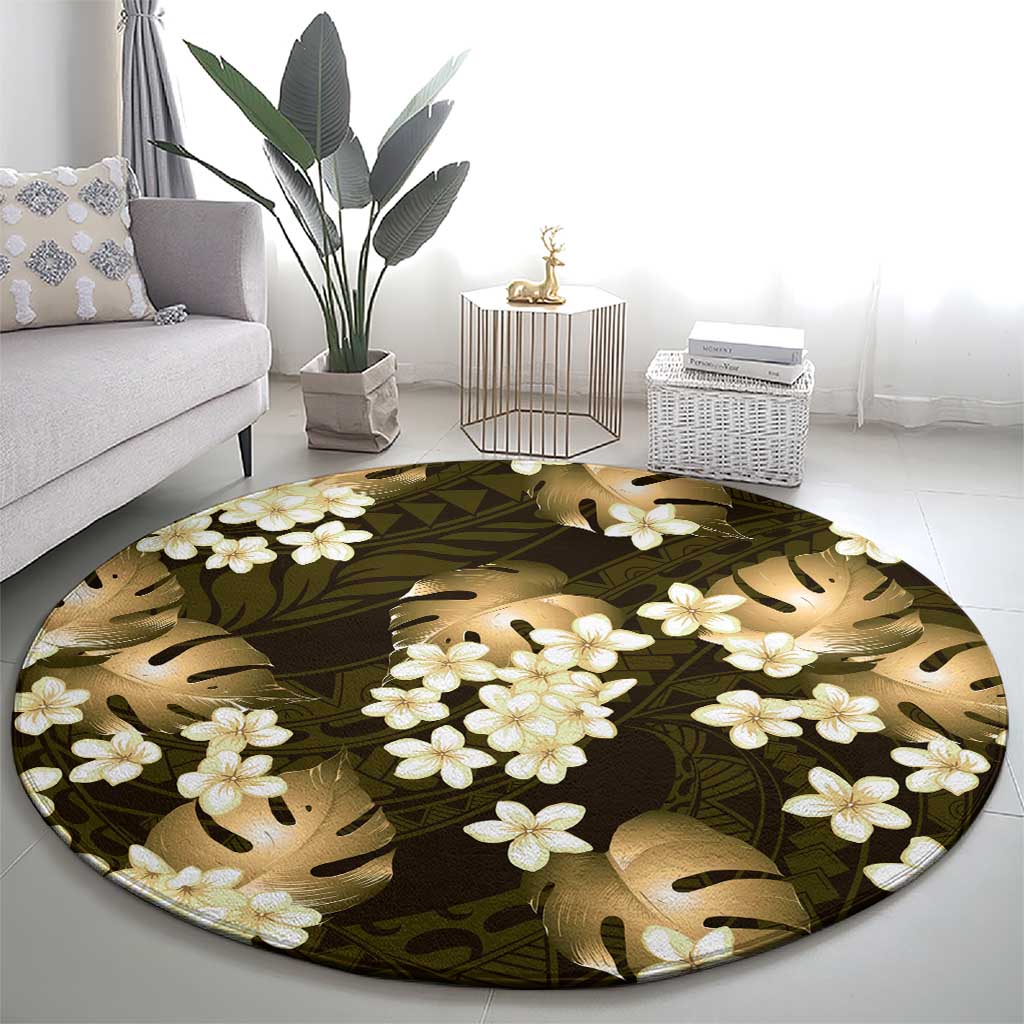 Gold Tropical Hawaii Round Carpet Seamless Monstera Plumeria Hawaiian Pattern - Polynesian Pride
