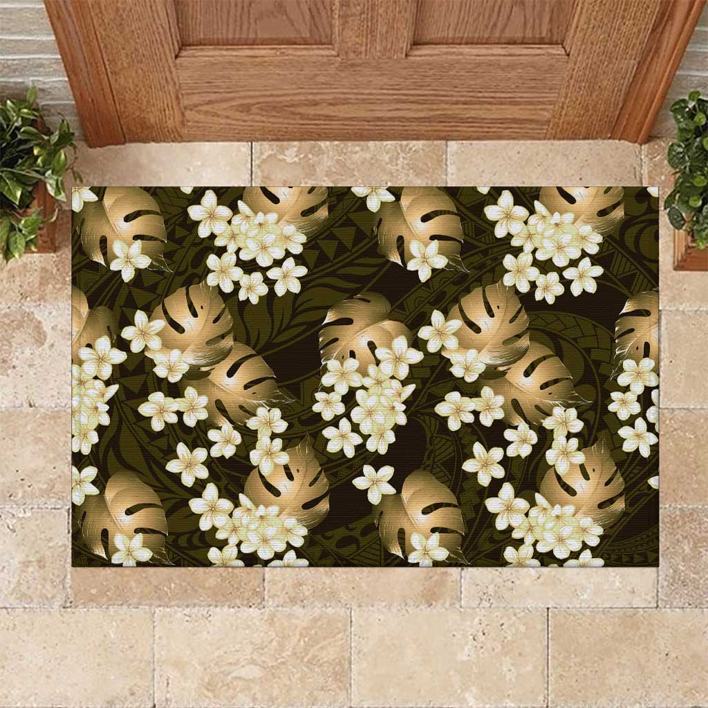 Gold Tropical Hawaii Rubber Doormat Seamless Monstera Plumeria Hawaiian Pattern - Polynesian Pride
