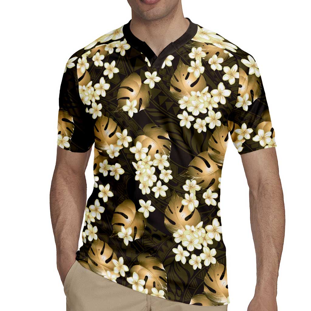 Gold Tropical Hawaii Rugby Jersey Seamless Monstera Plumeria Hawaiian Pattern - Polynesian Pride