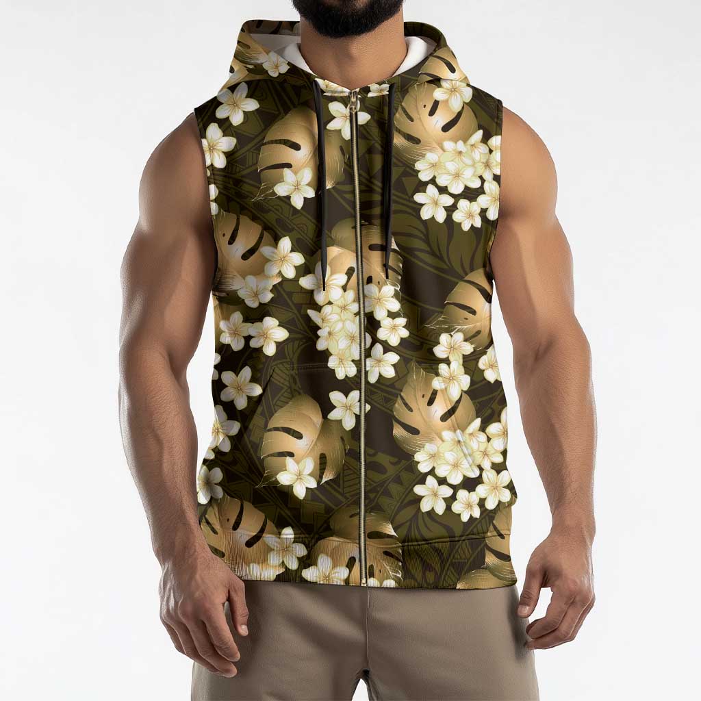 Gold Tropical Hawaii Sleeveless Zip Hoodie Seamless Monstera Plumeria Hawaiian Pattern - Polynesian Pride