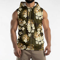 Gold Tropical Hawaii Sleeveless Zip Hoodie Seamless Monstera Plumeria Hawaiian Pattern - Polynesian Pride