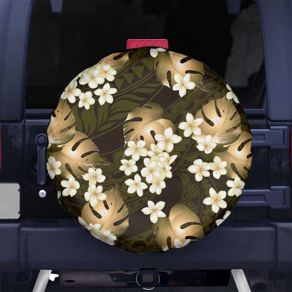 Gold Tropical Hawaii Spare Tire Cover Seamless Monstera Plumeria Hawaiian Pattern - Polynesian Pride