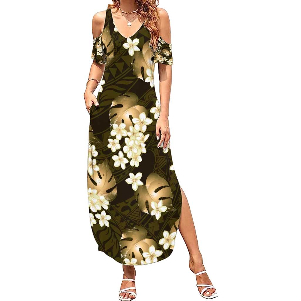 Gold Tropical Hawaii Summer Maxi Dress Seamless Monstera Plumeria Hawaiian Pattern - Polynesian Pride