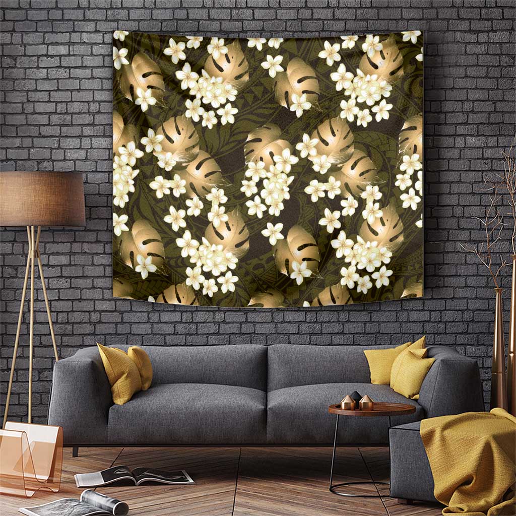 Gold Tropical Hawaii Tapestry Seamless Monstera Plumeria Hawaiian Pattern - Polynesian Pride