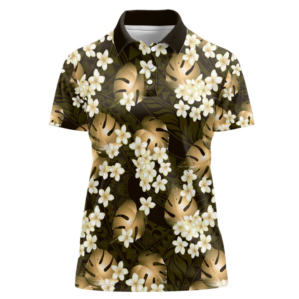 Gold Tropical Hawaii Women Polo Shirt Seamless Monstera Plumeria Hawaiian Pattern - Polynesian Pride