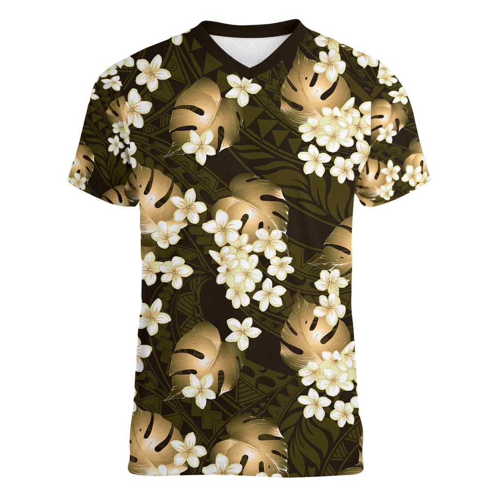 Gold Tropical Hawaii Women V-Neck T-Shirt Seamless Monstera Plumeria Hawaiian Pattern - Polynesian Pride