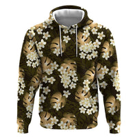 Gold Tropical Hawaii Zip Hoodie Seamless Monstera Plumeria Hawaiian Pattern - Polynesian Pride