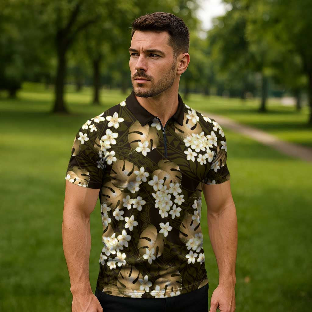 Gold Tropical Hawaii Zipper Polo Shirt Seamless Monstera Plumeria Hawaiian Pattern - Polynesian Pride