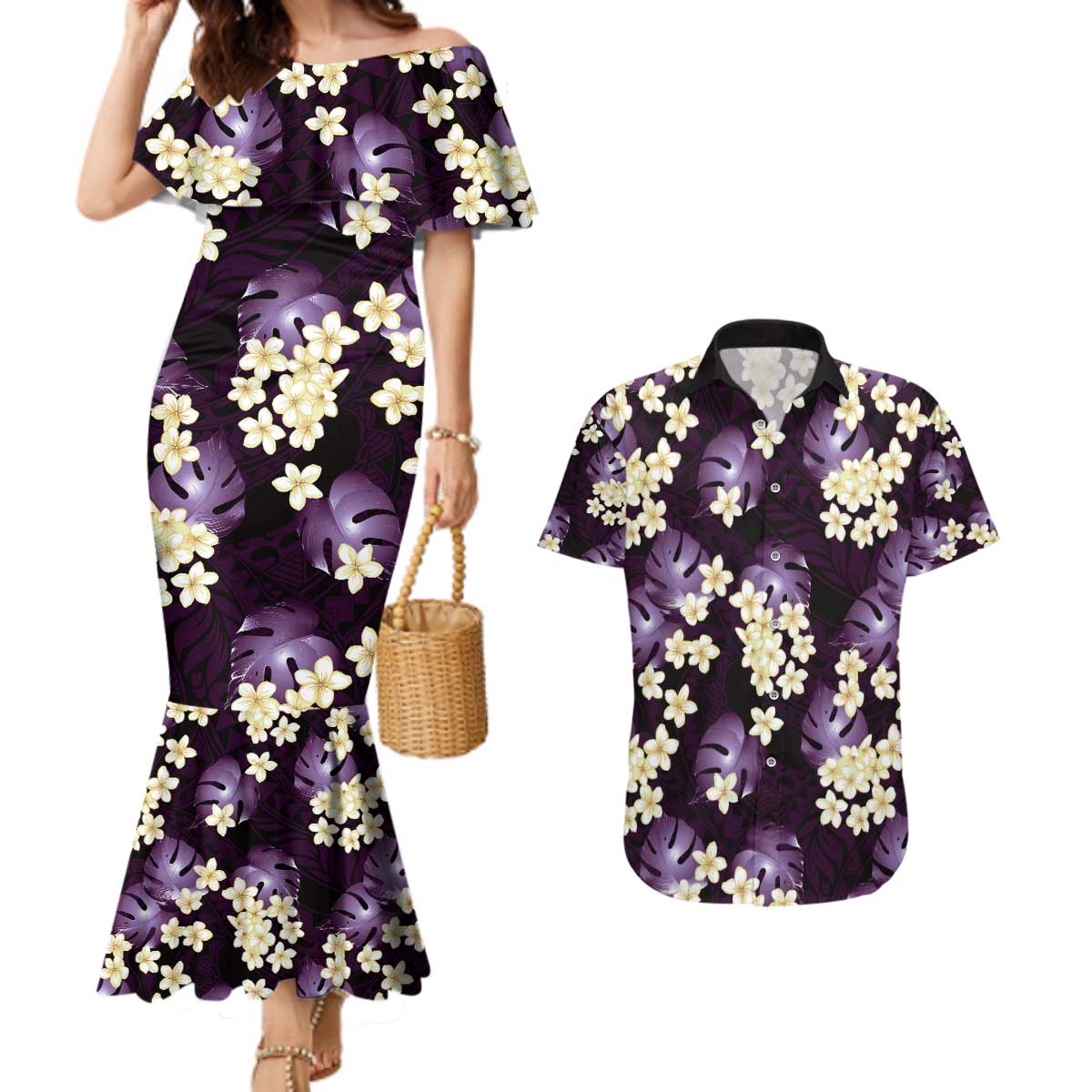 Purple Tropical Hawaii Couples Matching Mermaid Dress and Hawaiian Shirt Seamless Monstera Plumeria Hawaiian Pattern - Polynesian Pride
