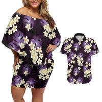 Purple Tropical Hawaii Couples Matching Off Shoulder Short Dress and Hawaiian Shirt Seamless Monstera Plumeria Hawaiian Pattern - Polynesian Pride