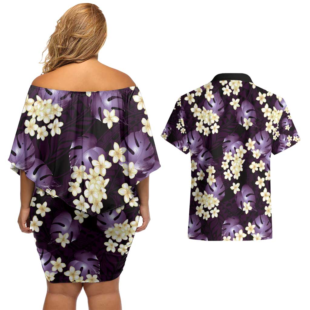Purple Tropical Hawaii Couples Matching Off Shoulder Short Dress and Hawaiian Shirt Seamless Monstera Plumeria Hawaiian Pattern - Polynesian Pride