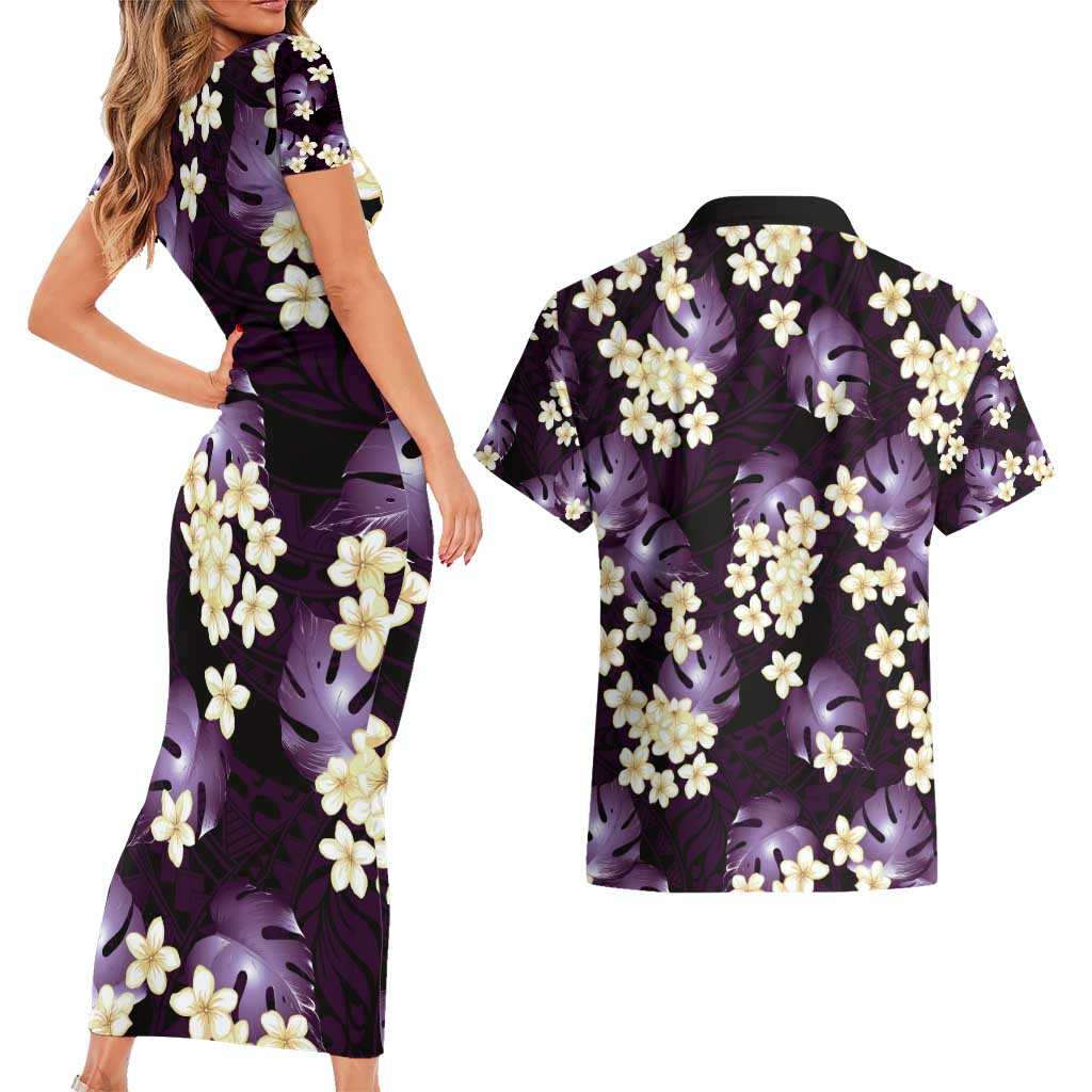 Purple Tropical Hawaii Couples Matching Short Sleeve Bodycon Dress and Hawaiian Shirt Seamless Monstera Plumeria Hawaiian Pattern - Polynesian Pride