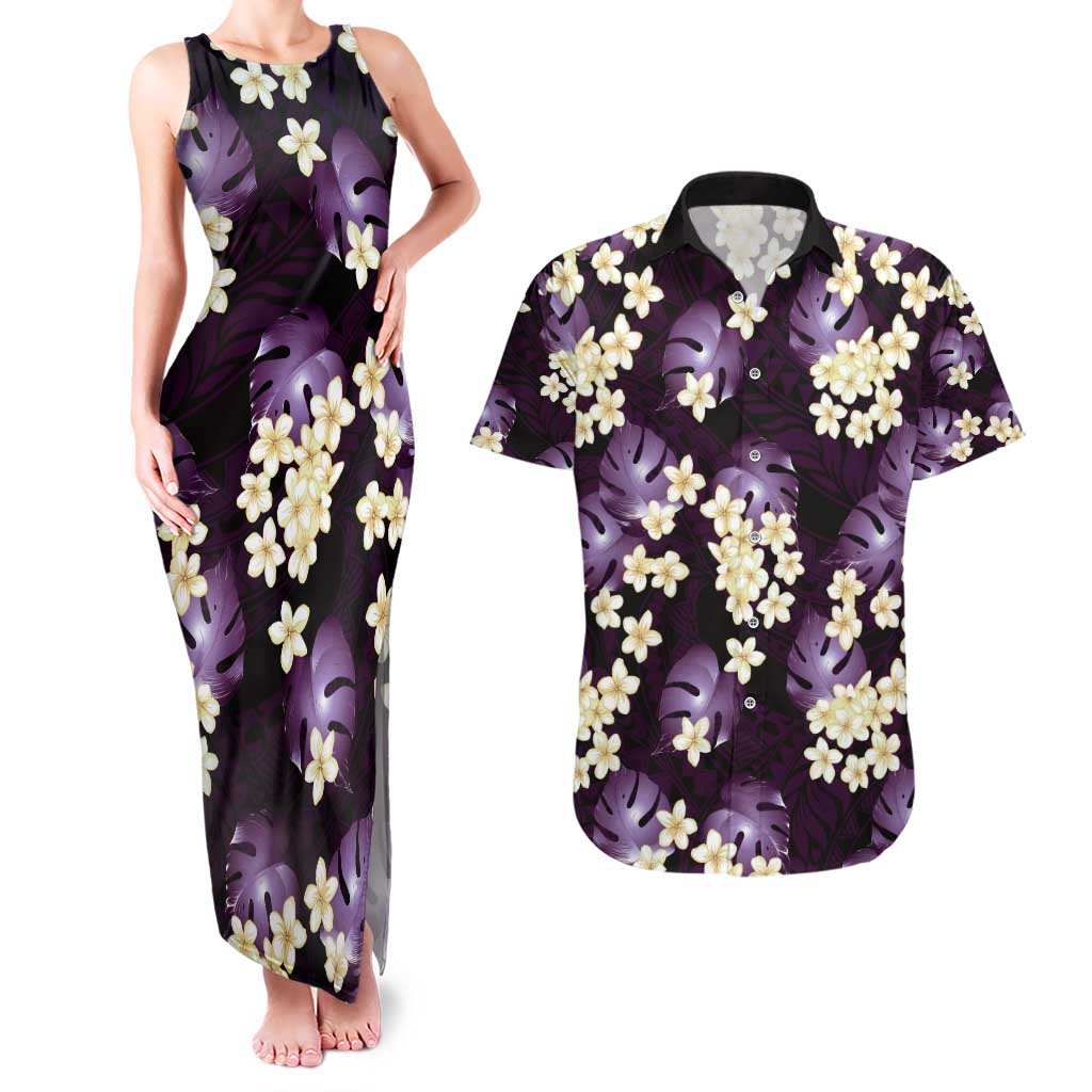 Purple Tropical Hawaii Couples Matching Tank Maxi Dress and Hawaiian Shirt Seamless Monstera Plumeria Hawaiian Pattern - Polynesian Pride