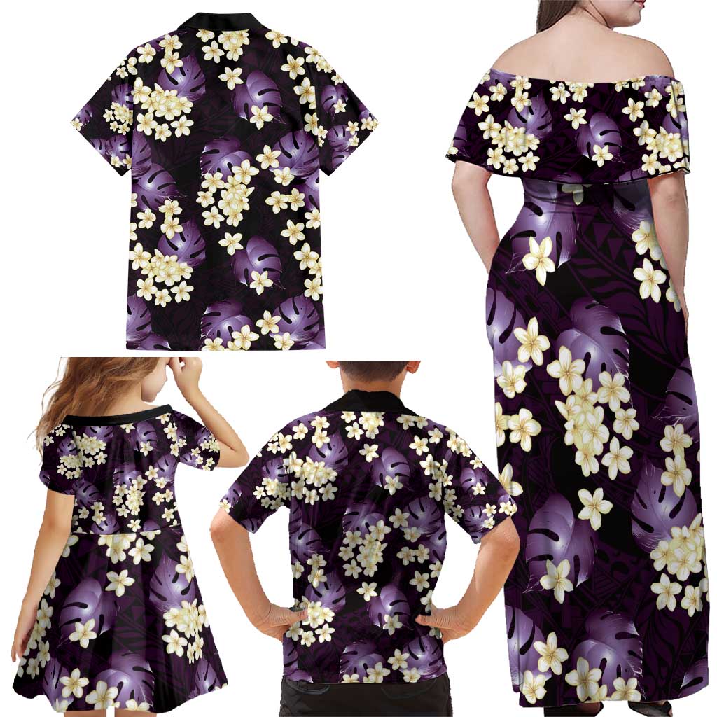 Purple Tropical Hawaii Family Matching Off Shoulder Maxi Dress and Hawaiian Shirt Seamless Monstera Plumeria Hawaiian Pattern - Polynesian Pride