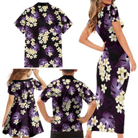 Purple Tropical Hawaii Family Matching Short Sleeve Bodycon Dress and Hawaiian Shirt Seamless Monstera Plumeria Hawaiian Pattern - Polynesian Pride