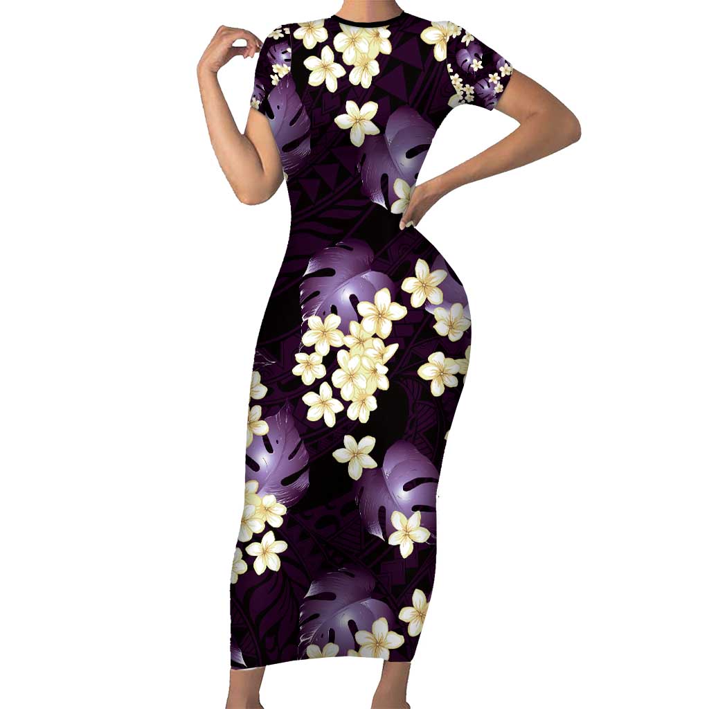 Purple Tropical Hawaii Family Matching Short Sleeve Bodycon Dress and Hawaiian Shirt Seamless Monstera Plumeria Hawaiian Pattern - Polynesian Pride