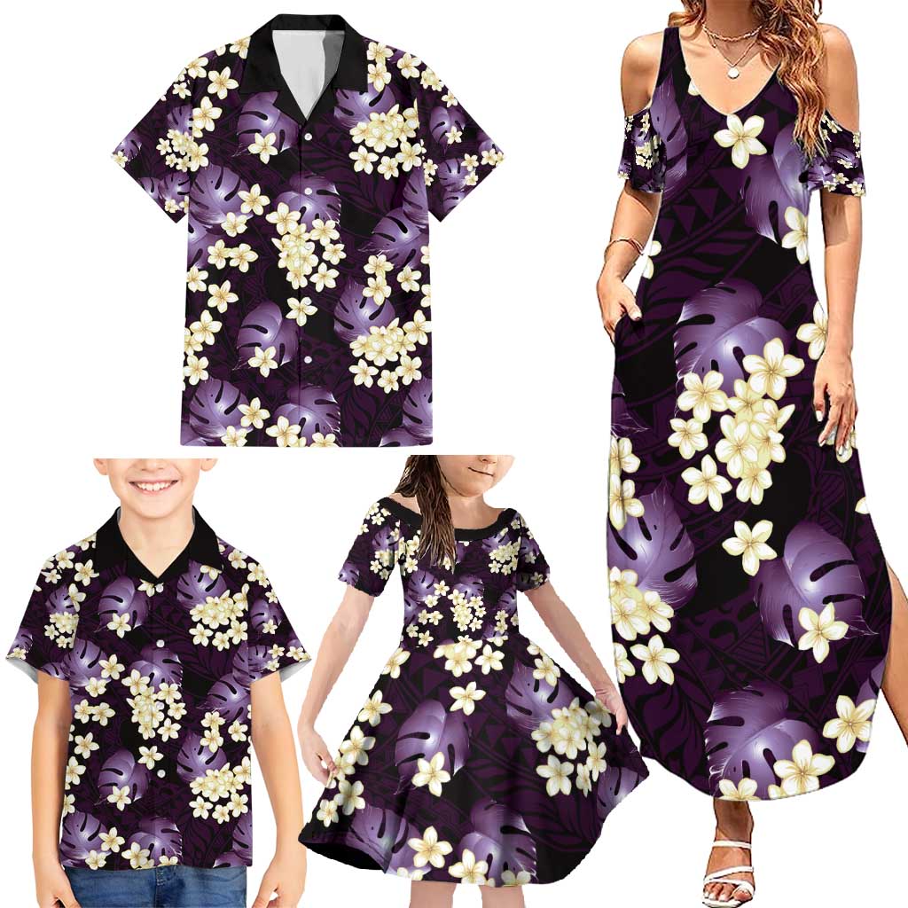 Purple Tropical Hawaii Family Matching Summer Maxi Dress and Hawaiian Shirt Seamless Monstera Plumeria Hawaiian Pattern - Polynesian Pride