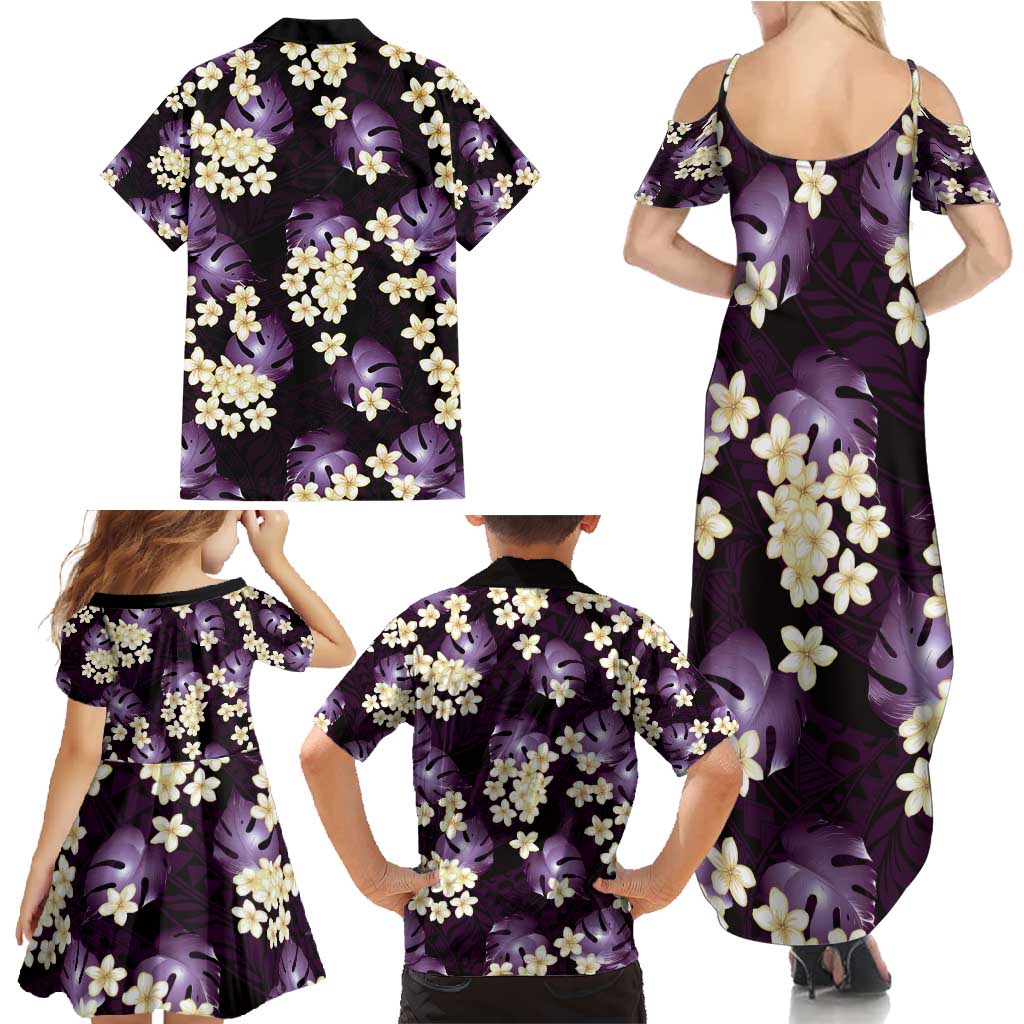 Purple Tropical Hawaii Family Matching Summer Maxi Dress and Hawaiian Shirt Seamless Monstera Plumeria Hawaiian Pattern - Polynesian Pride