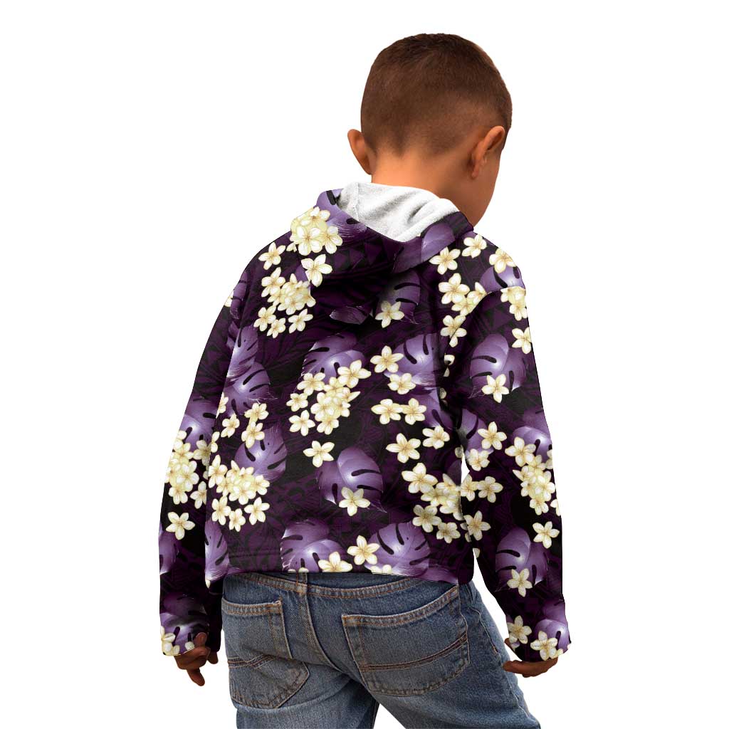 Purple Tropical Hawaii Kid Hoodie Seamless Monstera Plumeria Hawaiian Pattern - Polynesian Pride