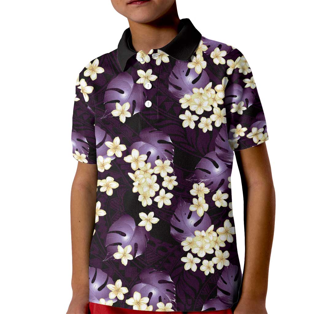 Purple Tropical Hawaii Kid Polo Shirt Seamless Monstera Plumeria Hawaiian Pattern - Polynesian Pride
