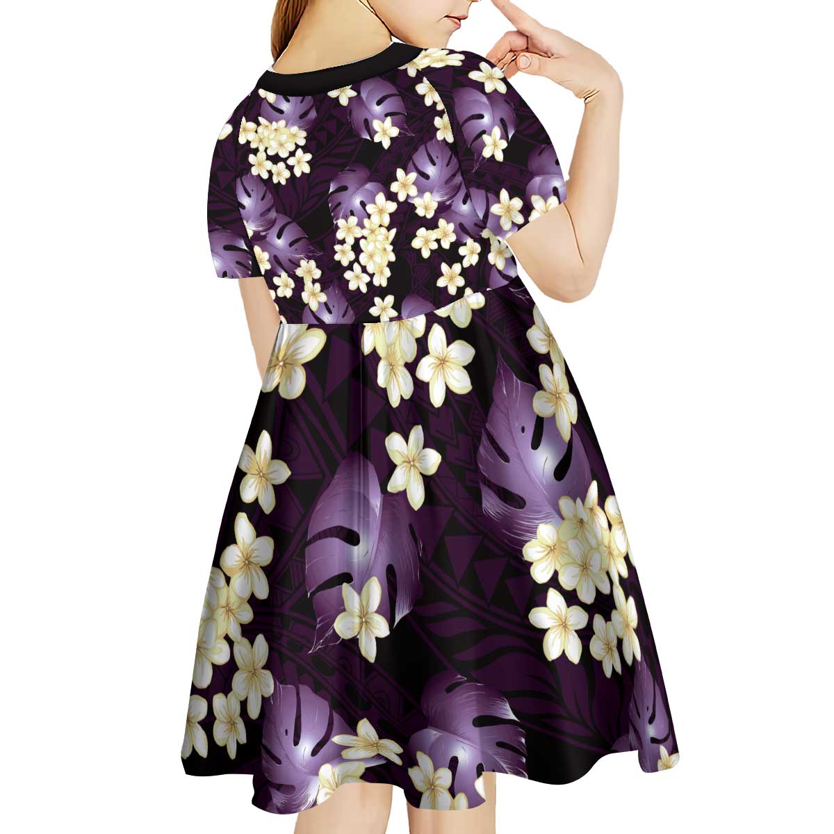 Purple Tropical Hawaii Kid Short Sleeve Dress Seamless Monstera Plumeria Hawaiian Pattern - Polynesian Pride