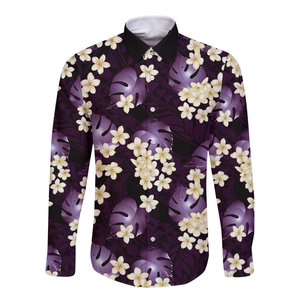 Purple Tropical Hawaii Long Sleeve Button Shirt Seamless Monstera Plumeria Hawaiian Pattern - Polynesian Pride