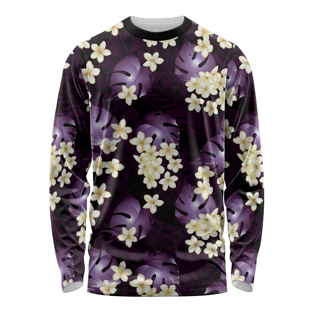 Purple Tropical Hawaii Long Sleeve Shirt Seamless Monstera Plumeria Hawaiian Pattern - Polynesian Pride