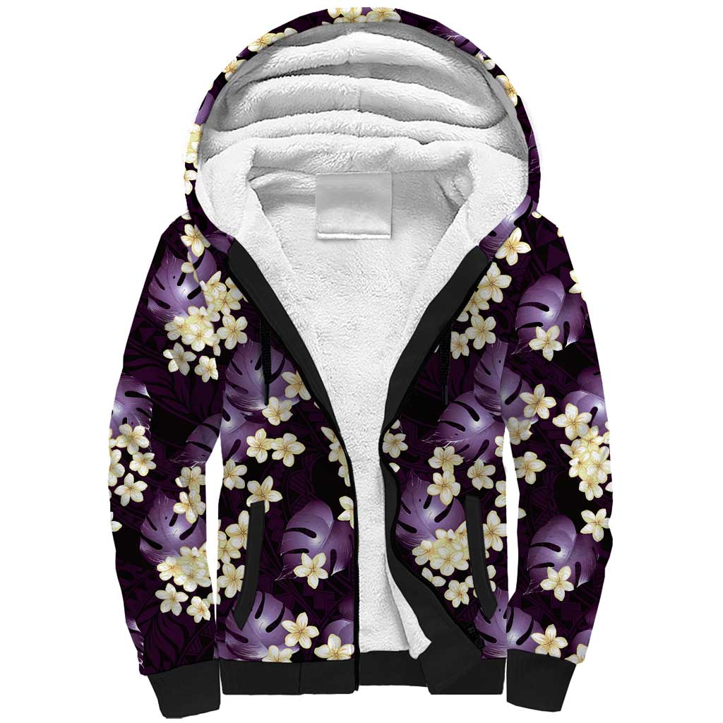 Purple Tropical Hawaii Sherpa Hoodie Seamless Monstera Plumeria Hawaiian Pattern - Polynesian Pride