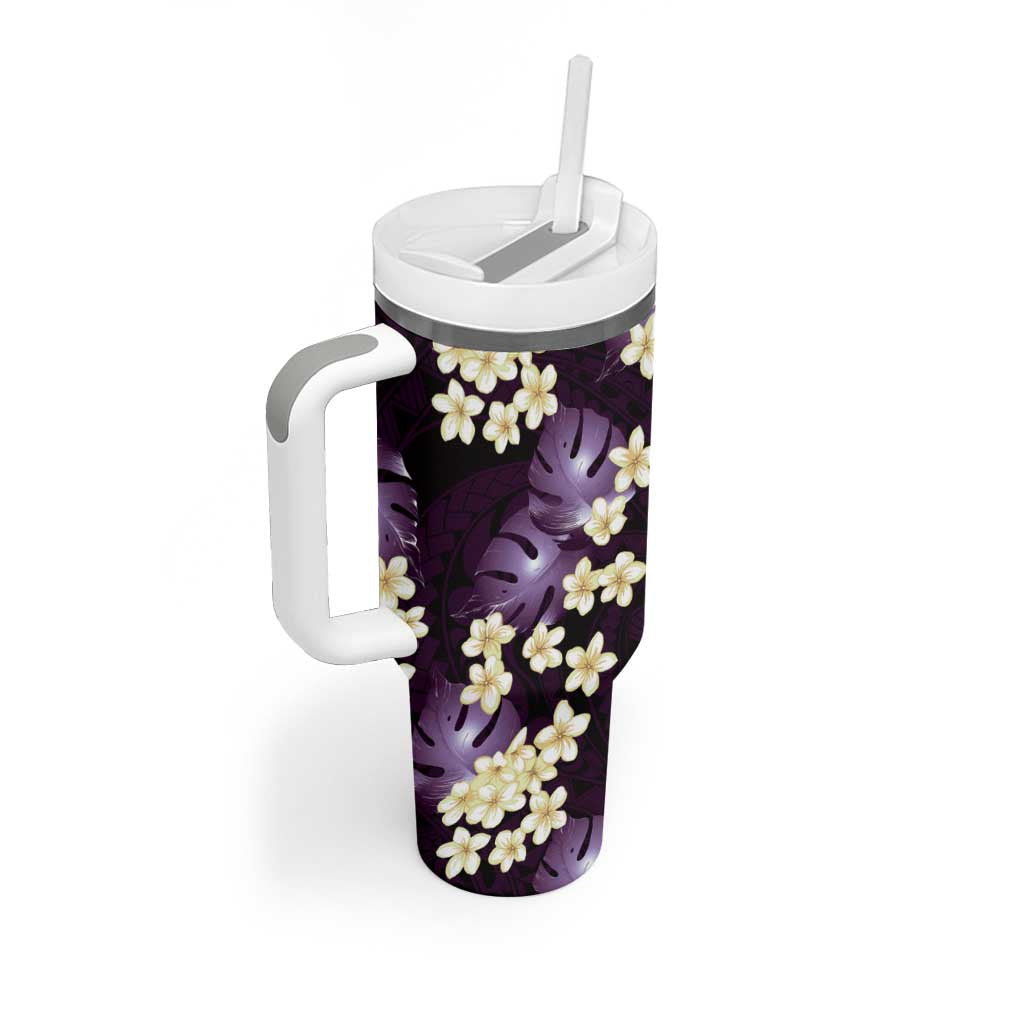 Purple Tropical Hawaii Tumbler With Handle Seamless Monstera Plumeria Hawaiian Pattern - Polynesian Pride