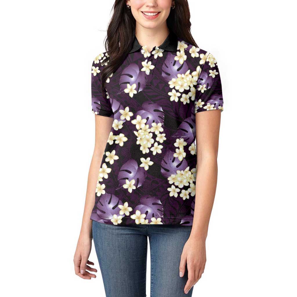 Purple Tropical Hawaii Women Polo Shirt Seamless Monstera Plumeria Hawaiian Pattern - Polynesian Pride