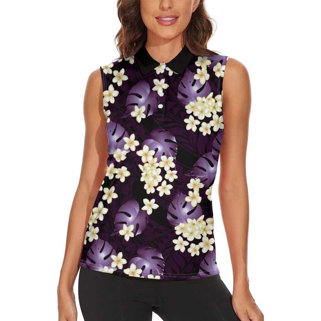 Purple Tropical Hawaii Women Sleeveless Polo Shirt Seamless Monstera Plumeria Hawaiian Pattern - Polynesian Pride
