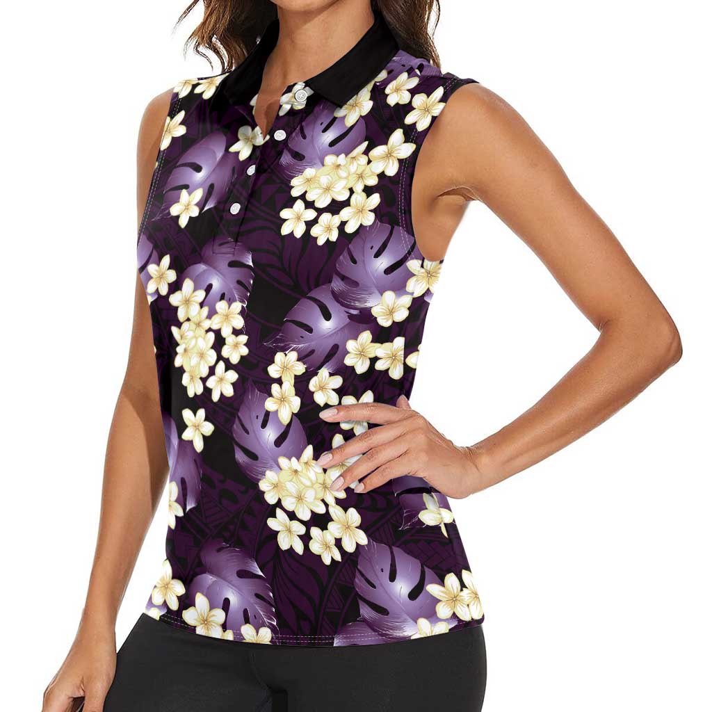 Purple Tropical Hawaii Women Sleeveless Polo Shirt Seamless Monstera Plumeria Hawaiian Pattern - Polynesian Pride